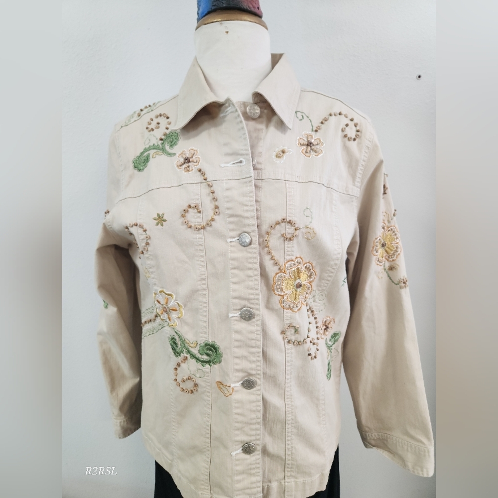 Graff By Um Company Cream With 3D Beaded Floral Design Jacket Womens M Boho
